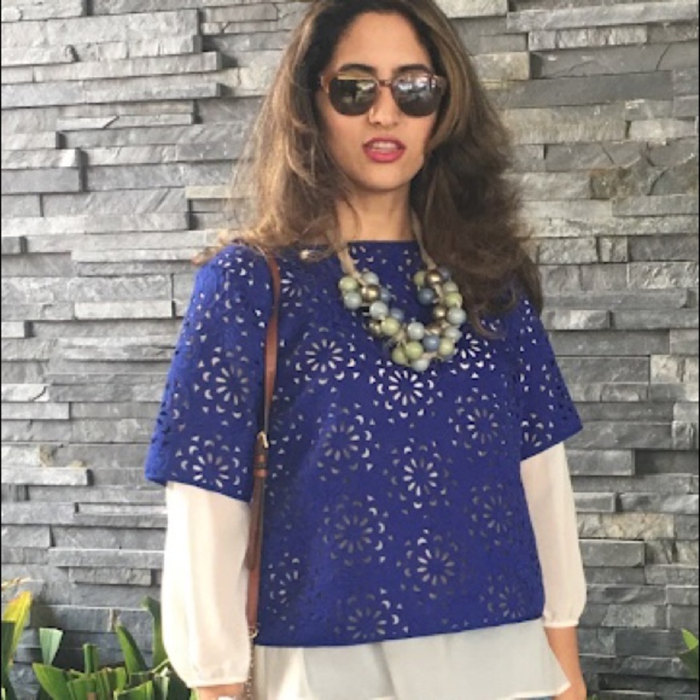Banana Republic royal blue laser cut out blouse